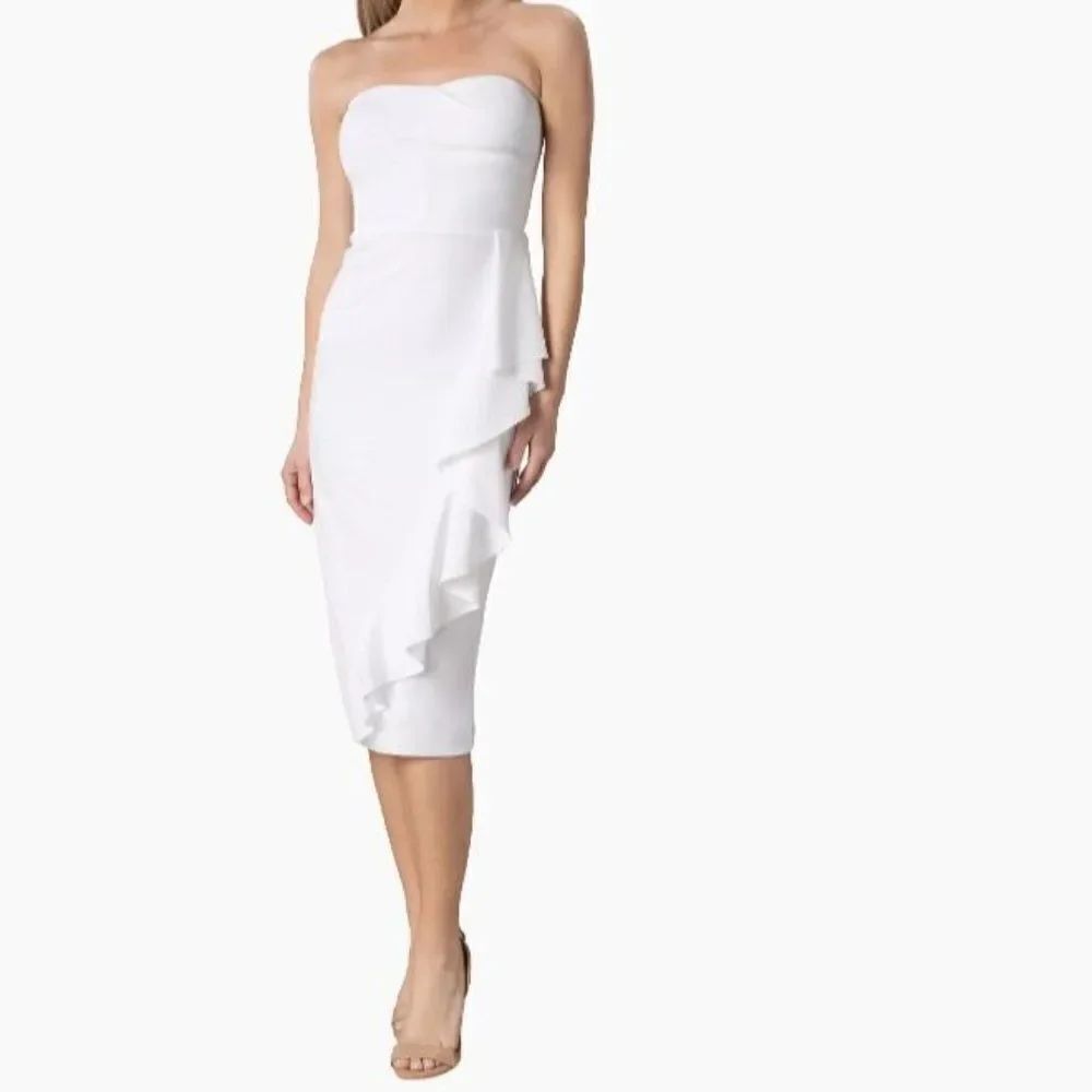 Dress The Population Womens Liv Strapless Dress Ruffled Midi L White NWT